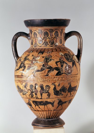 Amphore à figures noires attiques représentant des guerriers combattant et des animaux fantastiques - Greek